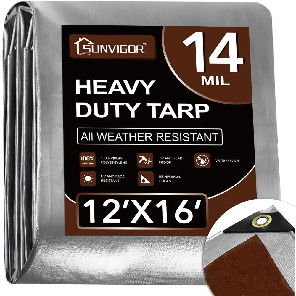 

Waterproof Heavy Duty Tarp 12x16Ft, 14 Mil Thick with UV Resistant and Reinforced Edges for Outdoor Use