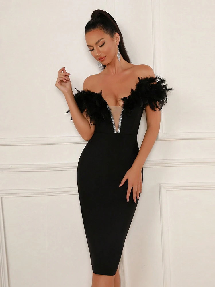 

2024 New Summer Women's Sexy Black Shoulderless Backless Feather Bandage Tight Midi Dress Elegant Celebrity Style Party Gown