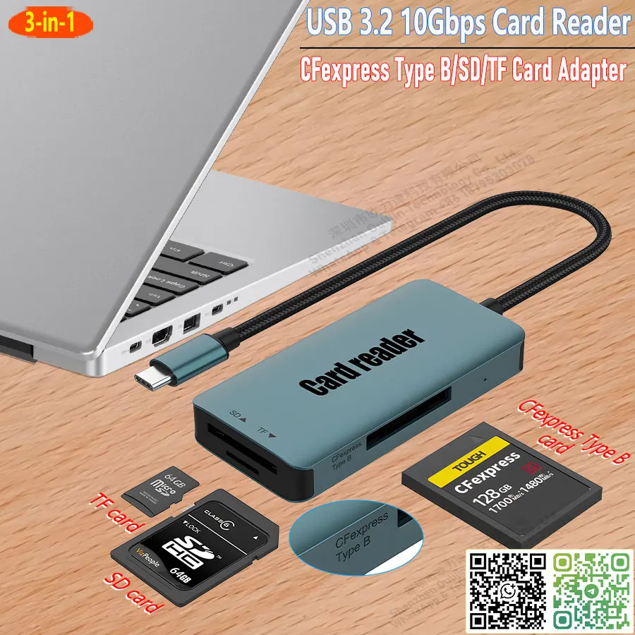 3-in-1 Card Reader Type C to CFexpress Type B & SD & TF Card Adapter USB 3.2 10Gbps Speed ​​CFB/SD/Micro SD for Macbook Laptop