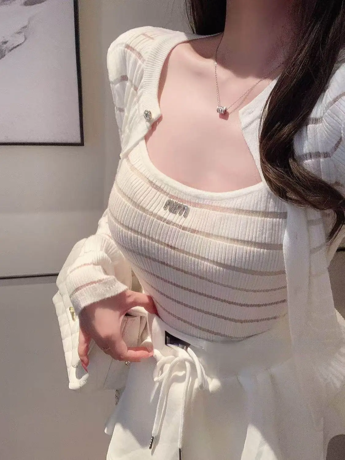 

Fashionable Spring Summer Striped Knitted Wrap Cardigan And Tank Top Two-Piece Set Women's Versatile Outerwear Shirt