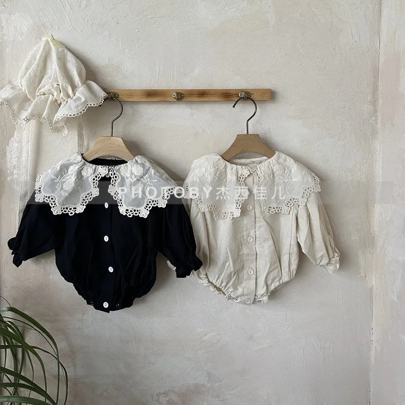 

Милые боди для новорожденных девочек, осень-зима 2021, новые корейские модные комбинезоны с длинными рукавами и кружевным воротником с цветочной вышивкой