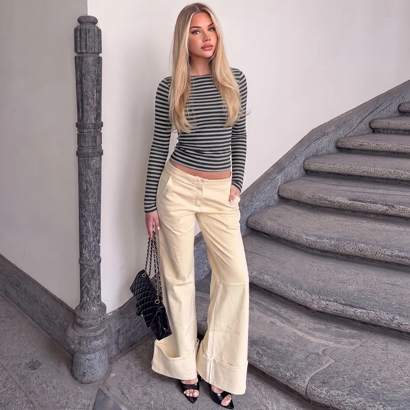 Hugcitar Gestreiftes Farbblock-Langarmshirt, Sexy Slim Fit Crop T-Shirt Top, Herbst Damenmode Kleidung, Streetwear, Party, Club – Detail 26