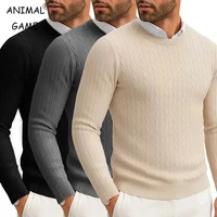 Jersey de punto con cuello redondo para hombre, suéter informal de manga larga, jersey de trabajo con cable estampado de giro cálido para invierno