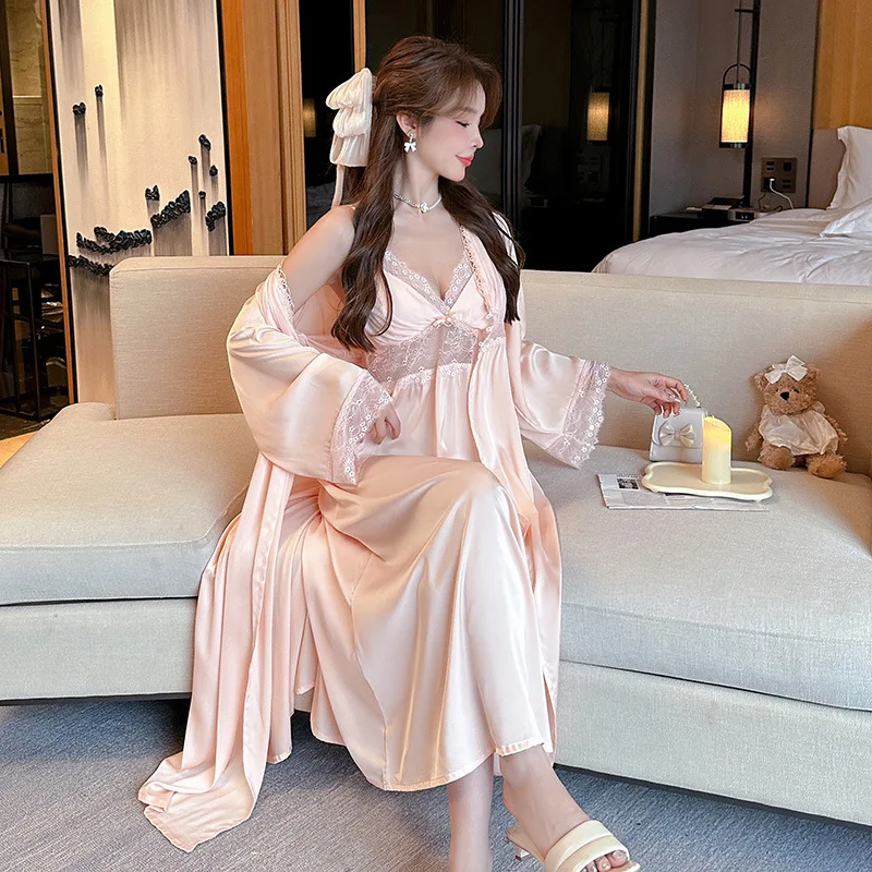 Spring Autumn Female Sleepwear Long Nighty&Robe Set Nightgown Sexy Lace Suspender Nightdress Intimate Lingerie Satin Homewear