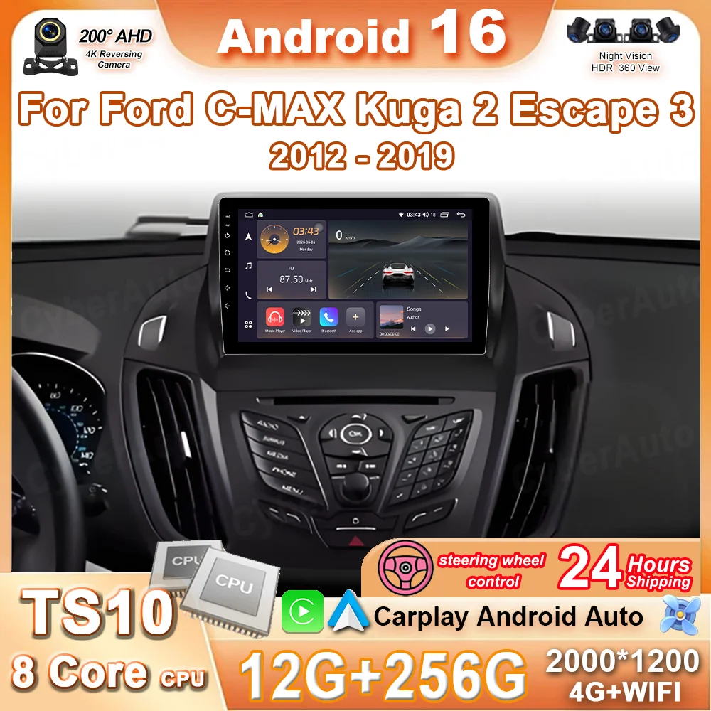 

For Ford C-MAX Kuga 2 Escape 3 2012 - 2019 Car Radio Carplay GPS Navigation Android Auto Screen Stereo 4G Wifi Video No 2din DVD