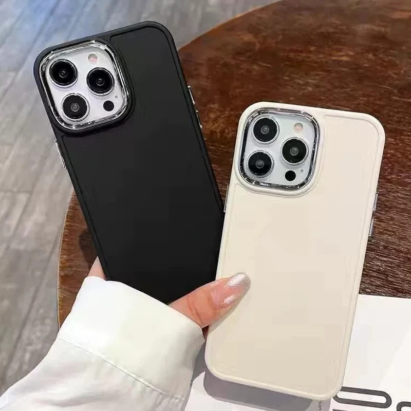 Eletcplated Lens Bumber Liquid Silicone Case For iPhone 14 16 15 11 12 13 Pro Max X XR XS Max 7 8 6Plus Solid Color Soft Cover