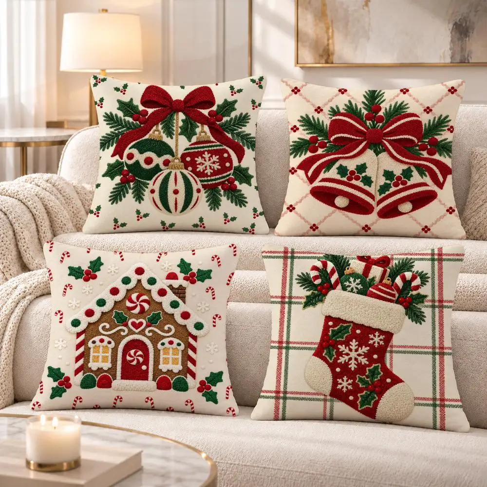 Tuft-Style Gingham Christmas Tree Motif Cushion Cover Soft Short‑Plush Pillowcase, Sofa Bedroom Home Decor, Holiday Gift