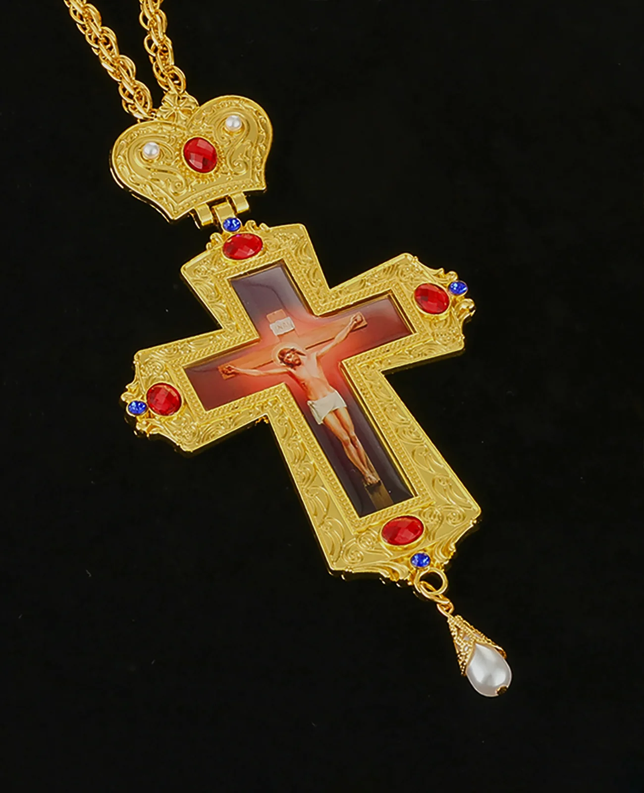 Cottvott Luxury Crown Pectoral Cross Necklace Red Blue Zircon Crucifixion Pendant Long Chain Communion Jewelry Sacraments Gifts