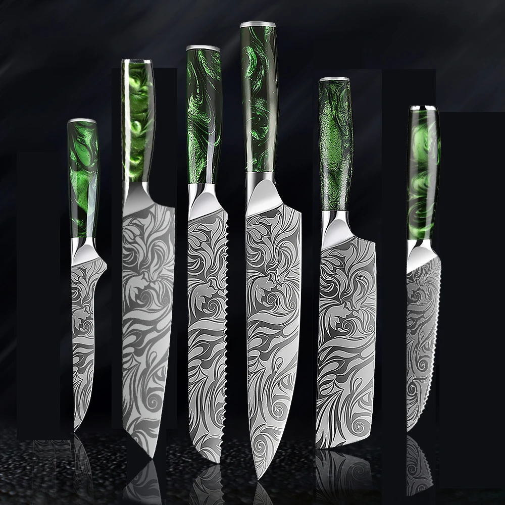 Messer-Sets mit Damastmuster, Küchenmesser, Gemüsemesser, Obstmesser, Steakmesser, Fleischschneidemesser, Küchenzubehör