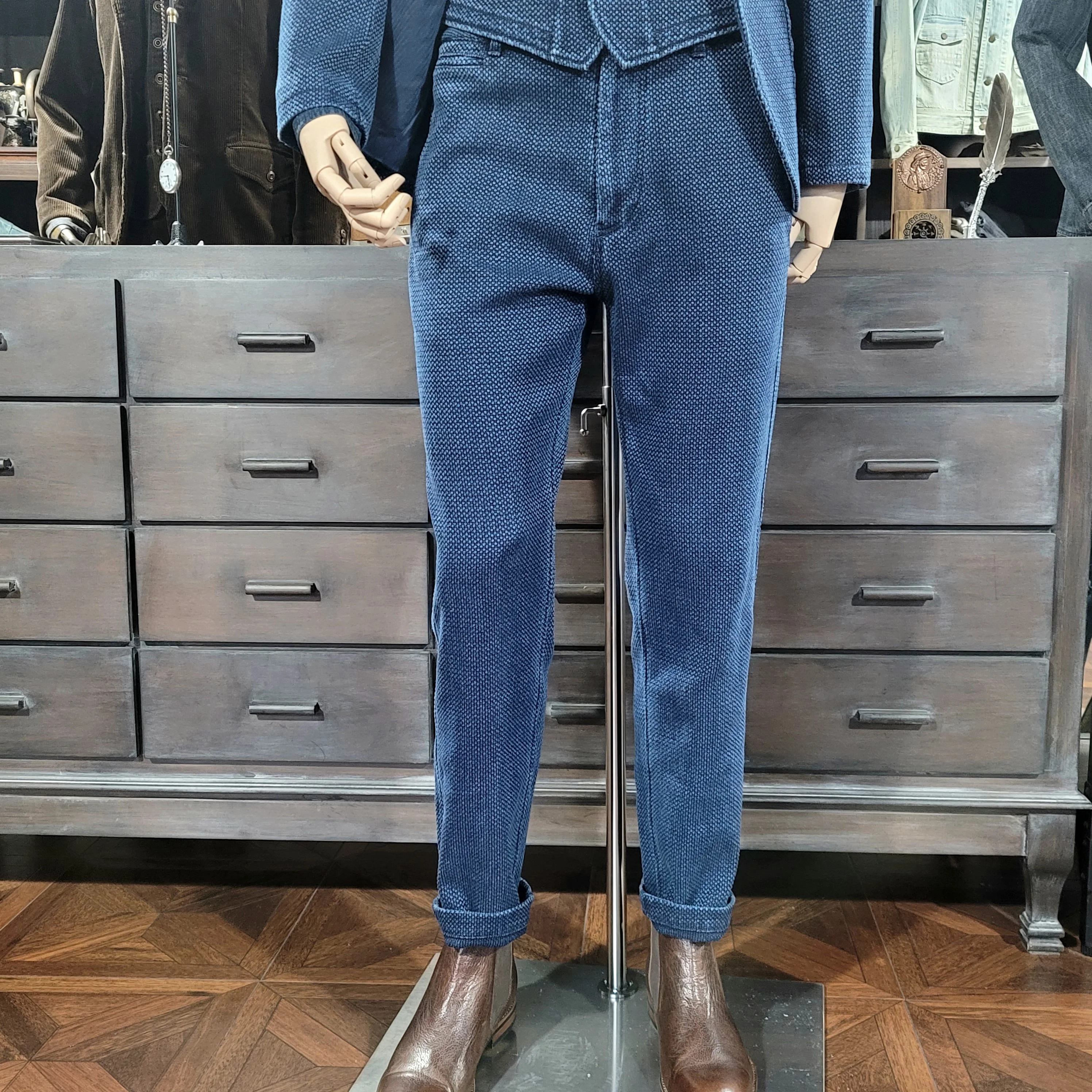 Pantalones rectos para hombre, traje informal Vintage de algodón Sashiko de ajuste Regular azul añil