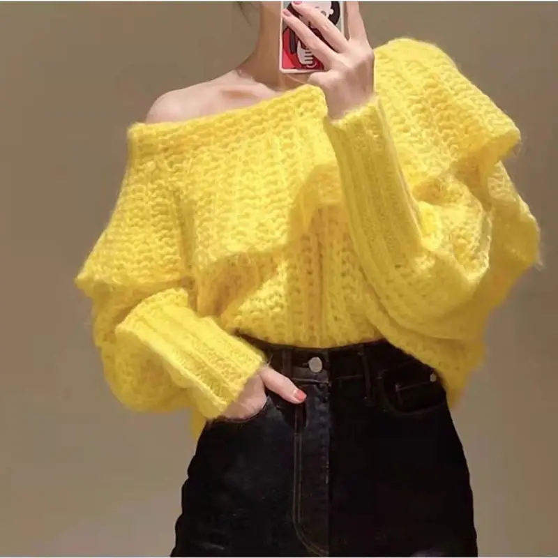 

Women Sweater 2022 Spring Korean Sweet Peter Pan Collar Ruched Full Solid Girls Sweater Knitting Tops