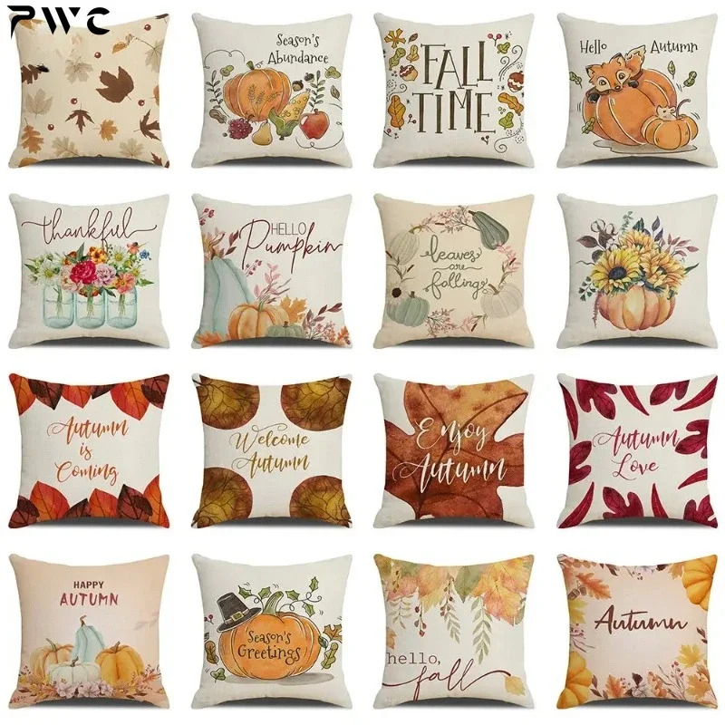 Fall Pumpkin Cushion Covers 18x18 Inch Farmhouse Decor Thanksgiving Buffalo Check Linen Throw Pillow Covers Happy Thanksgiving