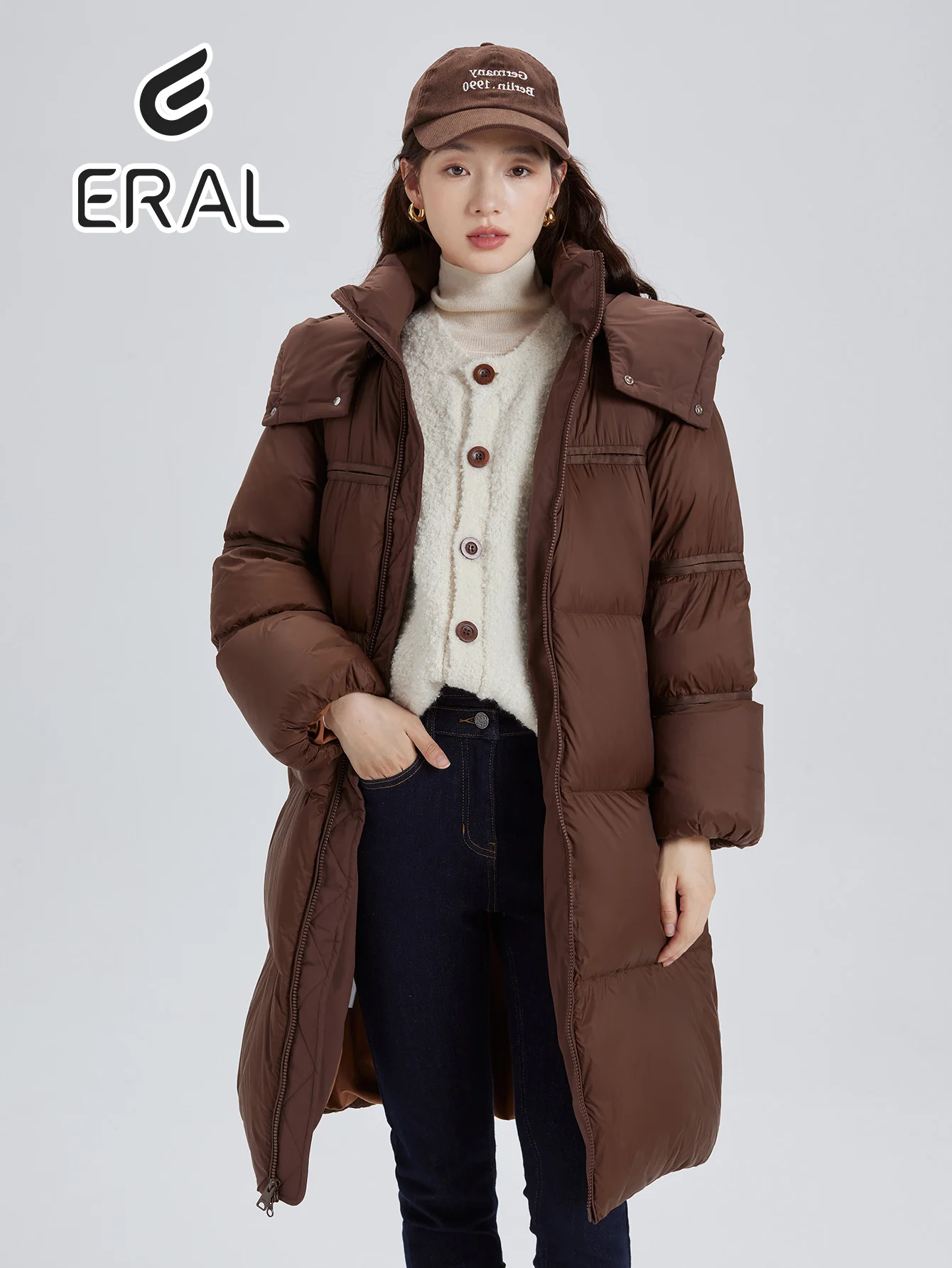 ERAL 2024 Winter Women's Over-Knee Puffer Jacket 90% Goose  Down Hooded Winter Coat Splashproof Water Repellent Windproof Parka