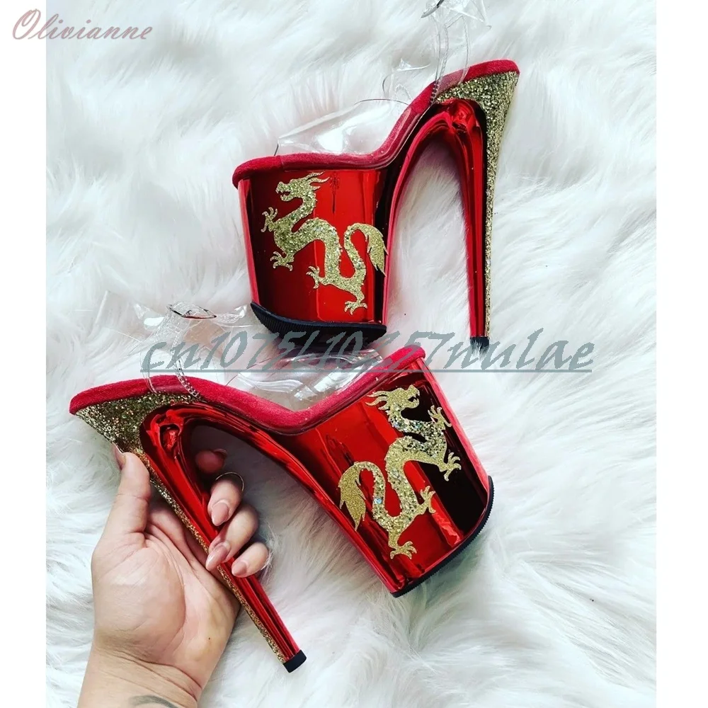Gold Animal Print Platform Slippers Dance Heels Women Shoes Red Mirrored Platform Women Dance Shoes 2026 Summer Runway Style