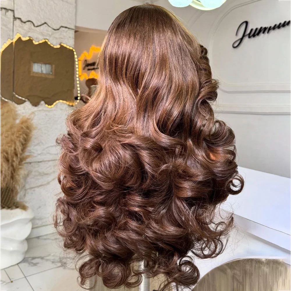 32 34 Inches Brown Bouncy Curly 400% Human Hair Colored Wigs 13x4 4x4 HD Transparent Lace Frontal Wigs Glueless Pre Plucked Wigs view 2