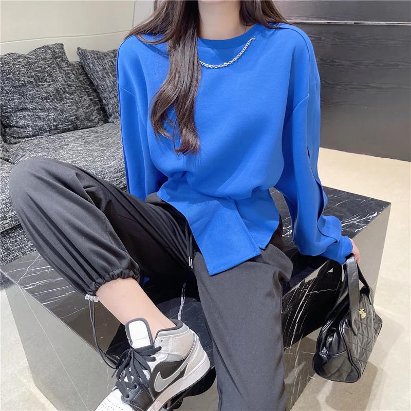 Blue Long Sleeves Chic Design Women Autumn Letter Printing Shirt Korean Fashion Baggy Simplicity Casual 2023 Female White TOP