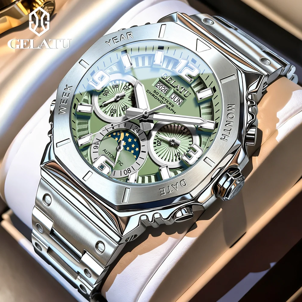 

GELATU Men's Watches Top Brand Luxury Original Automatic Mechanical Wristwatch Moon Phase Calendar Waterproof Sapphire Mirror