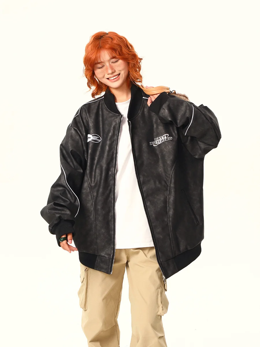 

Embroidery Distressed Leather Heavy Thick Jackets Coats for Women Girls Goth Acamedia y2k Streetwear Oversized Winter Outerwear