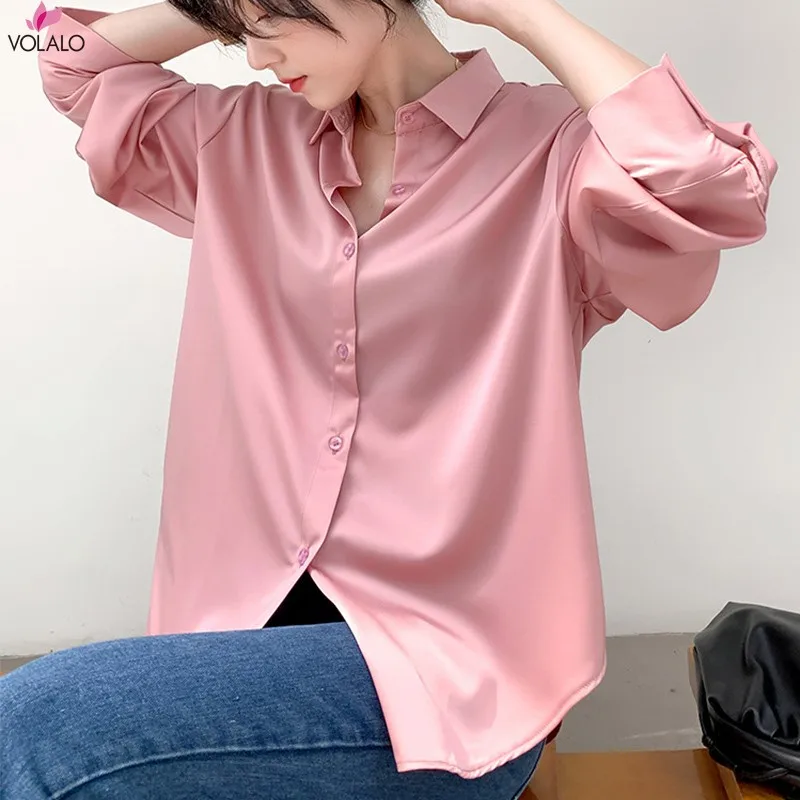 Volalo Satijn Shirt Womens Kleding Zijde Shirts Vintage Blouse Office Lady Pure Top Longsleeve Jurk Shirt Dames Overhemd