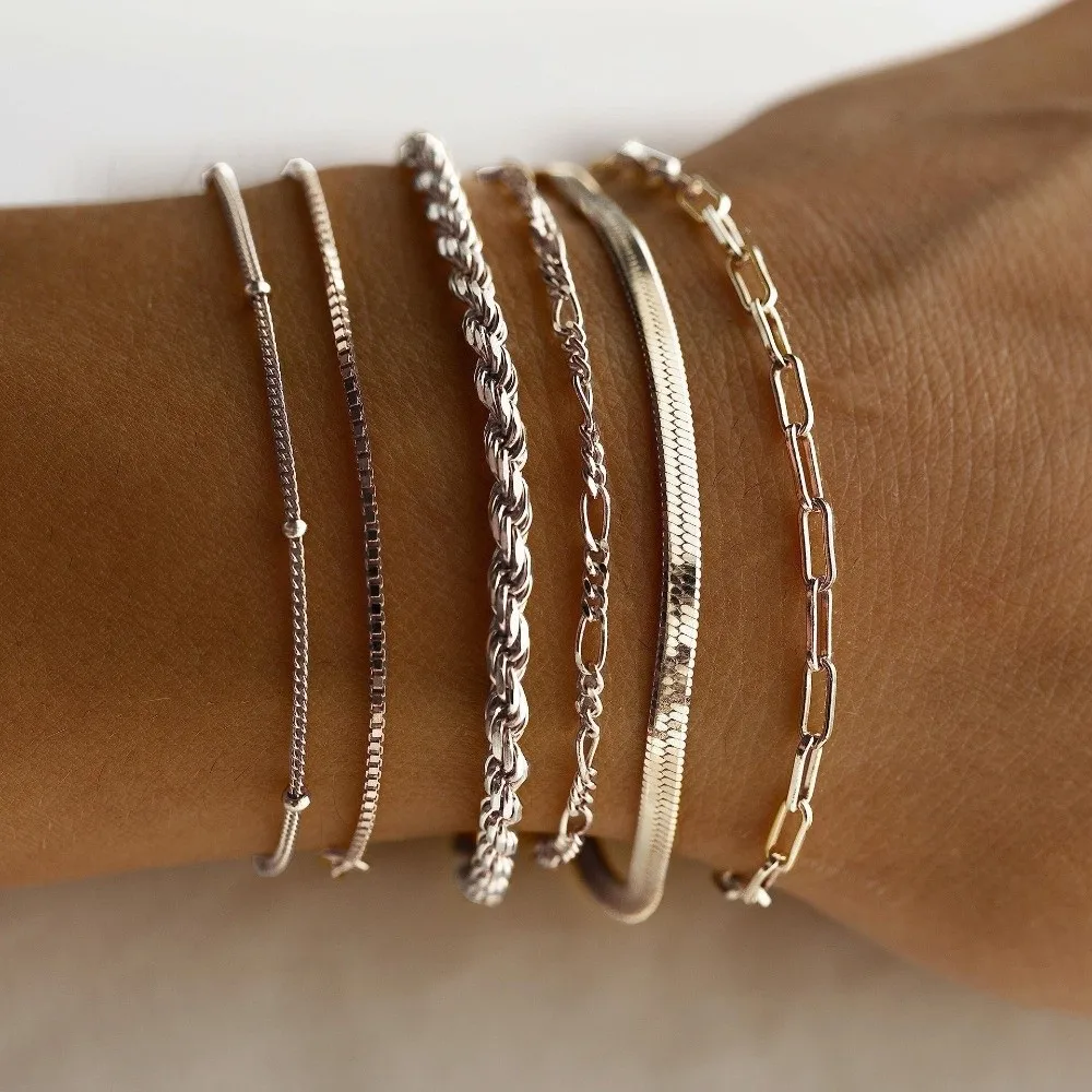 5/6Pcs New Multi-layer Cuban Chain Bracelets Bohemian Gold Color Chain Bracelet Set Stackable Metal Chain Bangles Jewelry