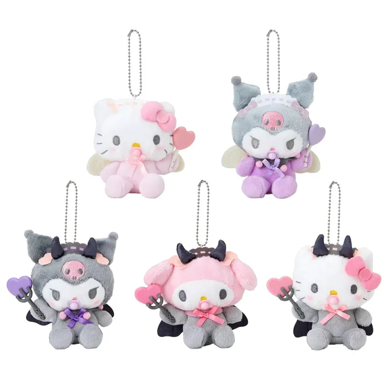 12CM Kawaii Sanrio Peripherals My Melody Kuromi Hello Kitty Pacifier Angel Demon Series Cartoon Plush Doll Girl Bag Ornament