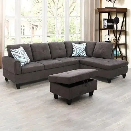 Sectional Sofa with Chaise, Flannel L-Shaped Sofa with Storage Ottoman, Sectional Couche Living Room Furniture Sets