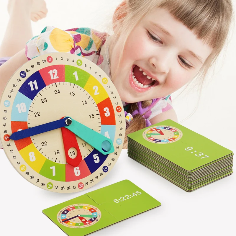 Wooden Clock Model Teaching Aid Montessori Learning Clocks with Cards Kindergartner Toy for Game Interaction Playroom Wall