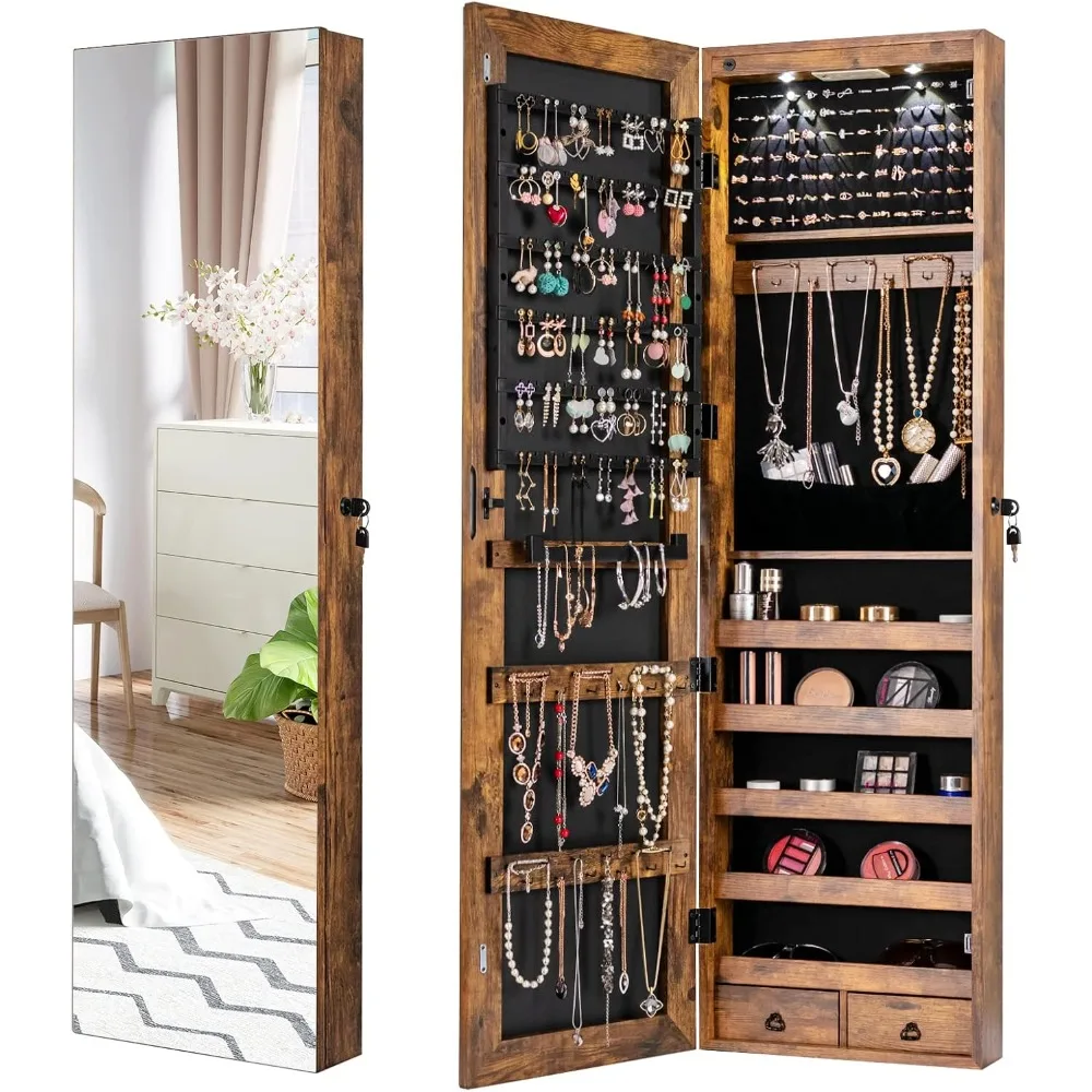 Jewelry Holder Organizer, Wall Door Mounted Jewelry Armoire with Full Length Mirror LED Lights, Lockable Mirror Jewelry Cabinet