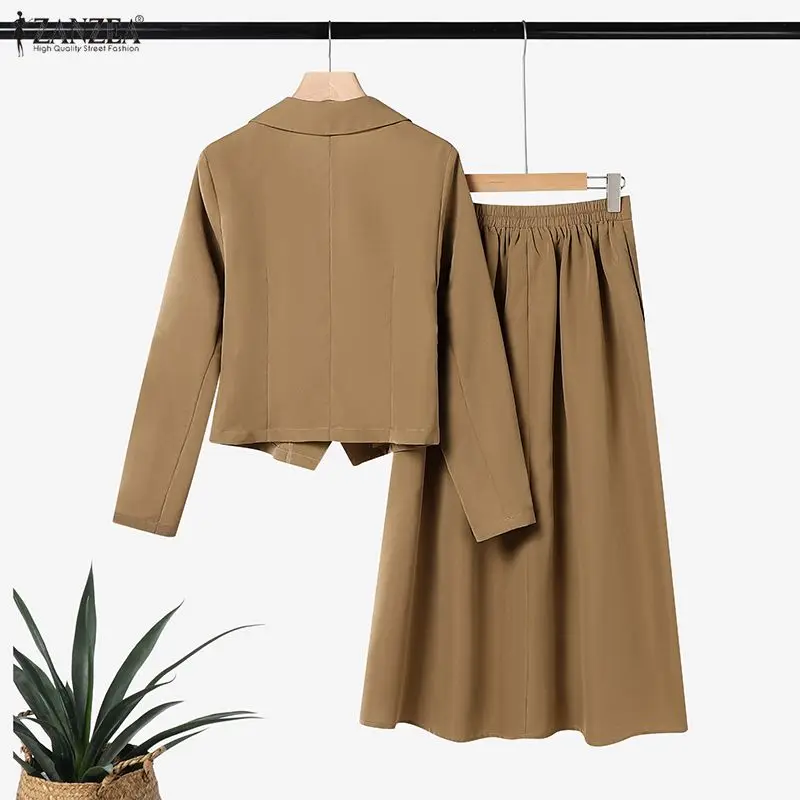 Women Elegant Skirt Suits Peak Lapel Long Sleeve Short Blazer and A-Line Midi Skirt 2pcs Sets ZANZEA 2026 Spring 2 Piece Outfits