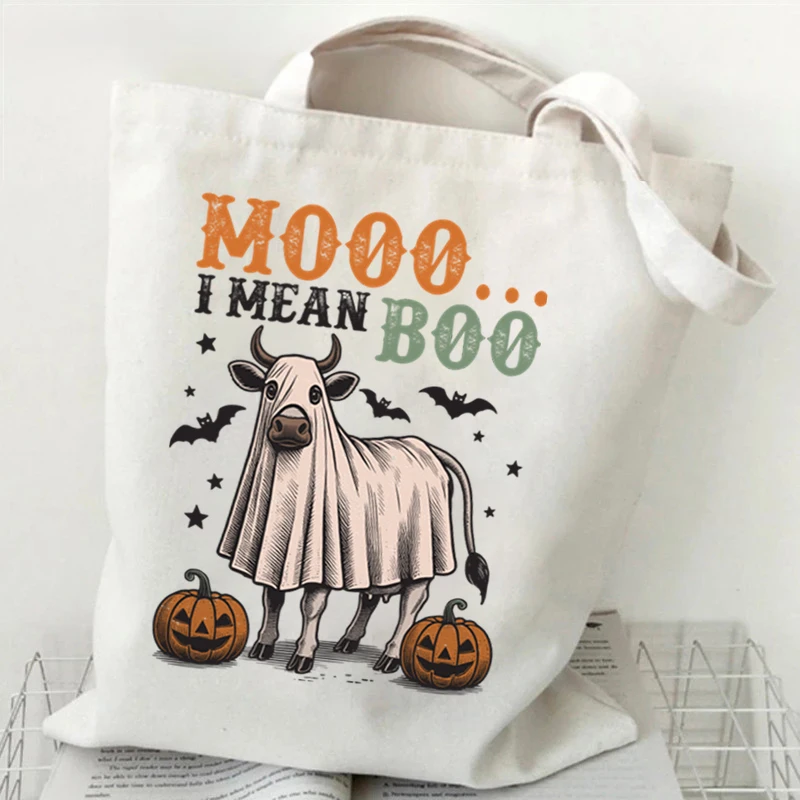 Borse portaoggetti versatili per amanti dei cani Borsa per la spesa in tela unisex con zucca fantasma di Halloween Borse tote da donna di Halloween