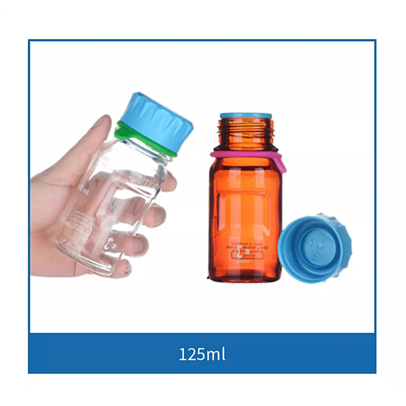 Laboratory Bottle (Brown) with screw cap and pouring ring (PP, cyan) with DIN 168-1 thread graduated