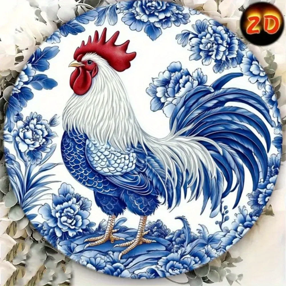 Arte de pared de aluminio de gallo retro, 1 pieza, estilo de porcelana azul y blanca plana 2D, placa decorativa floral para decoración de pollos, oficina