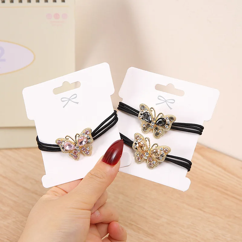 New Fashion Korean Style Alloy Rhinestone Butterfly  High Elasticity Rubber Band Hair Rope For Girl Women Summer Ponytail Tie