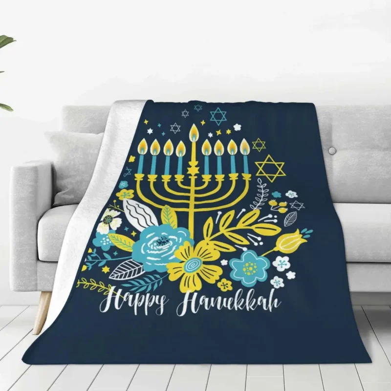 Hanukkah Fleece Throw Menorah Jewish Religious Blankets for Sofa Car Lightweight Thin Bed Rug