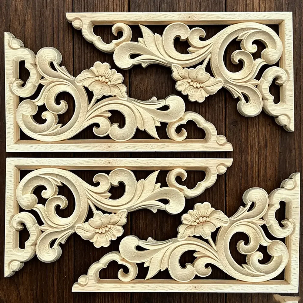 4PCS 18-29CM Chinese Antique Carved Corner Flower Statue Ornamental Wood Appliques Carving Decal Wooden Window Doors