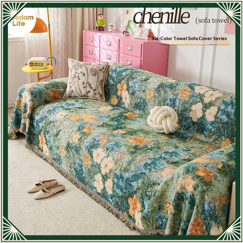 Living Room Sofas Covers 3 Seater Anti Slip Furniture Cover Indoor Double Sided Use Knitted Sofa Blanket Couch Floral Cover Sofa