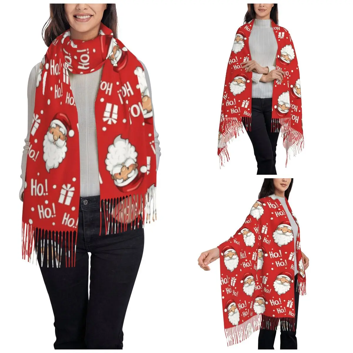 Christmas Santa Claus Ho New Year Scarf for Women Winter Warm Shawl Wrap Single-sided Pattern Shawl Scarf for Ladies