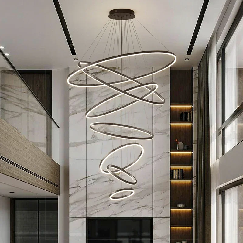 Living Room, Villa, Duplex Building, Large Chandelier, Modern And Simple LED Ring Chandelier, Dining Room, Bedroom Chandelier