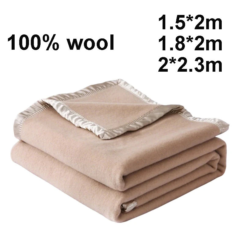 100% Wool Blanket 1.5*2/1.8*2/2*2.3m Warm Comforter Beige Fine Wool Blankets For Winter Adult Children Camping Dormitory Bedding