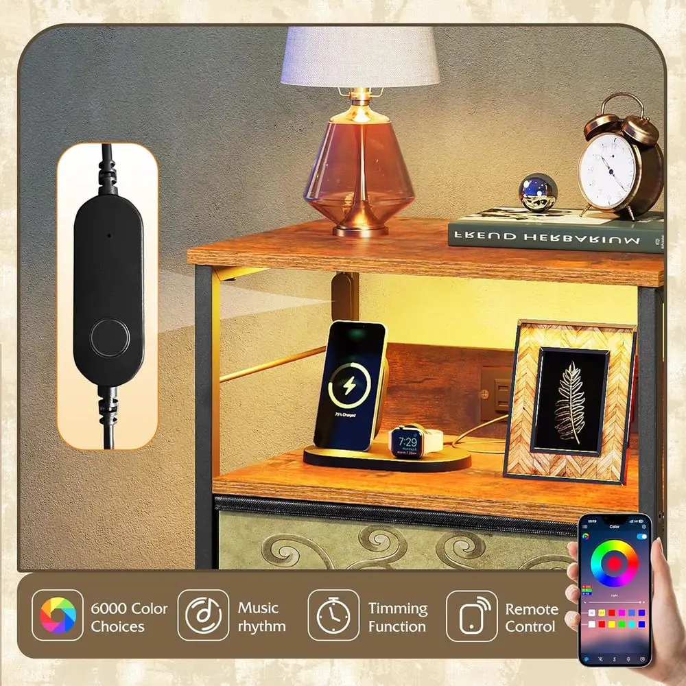 Komoda oszczędzająca miejsce z szufladami z tkaniny, ładowaniem USB i gniazdami - Stolik nocny z motywem kwiatowym