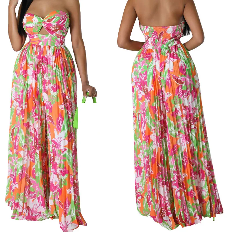 Long jumpsuits for women summer clothes women 2024 Print jumpsuits women elegant luxury Boho Strapless Sexy Wide Leg Jumpsuit