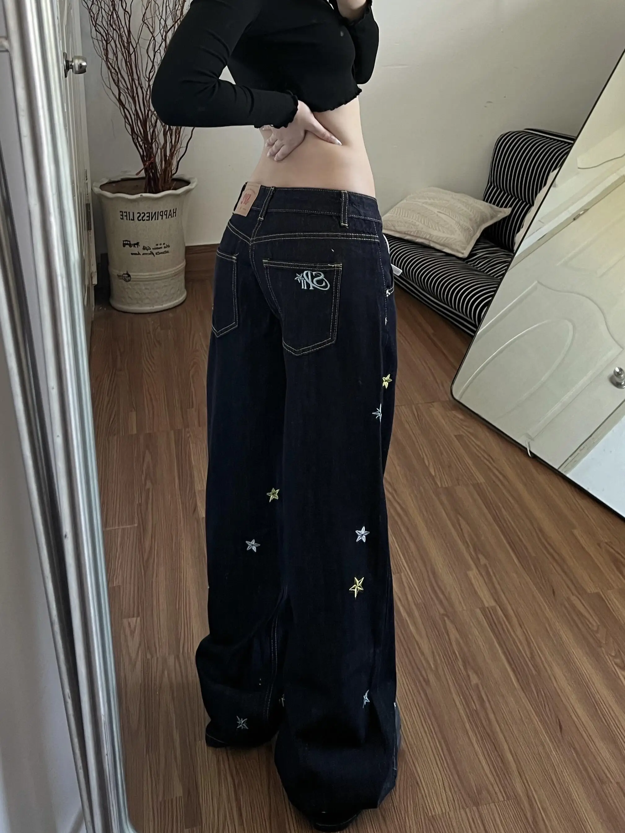 

Retro American Embroidered Star High Waist Straight Leg Denim Jeans Women's Autumn Winter Loose BF Lazy Style Wide Leg Pants
