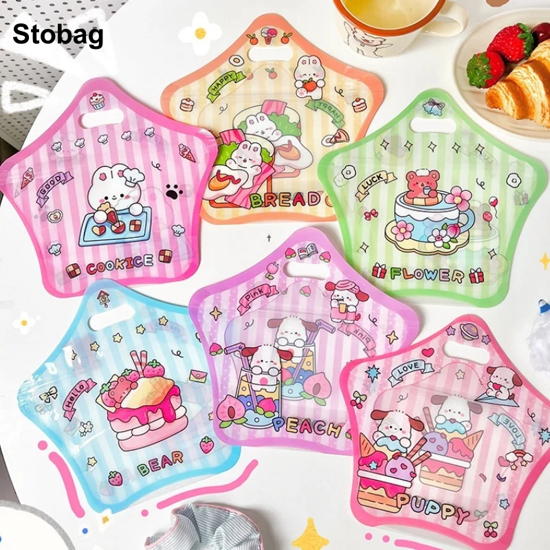 

StoBag 50pcs Cartoon Stars Candy Packaging Bags with Handle Ziplock Kids Cute Children's Sealed Cookies Snack Storage Pouches