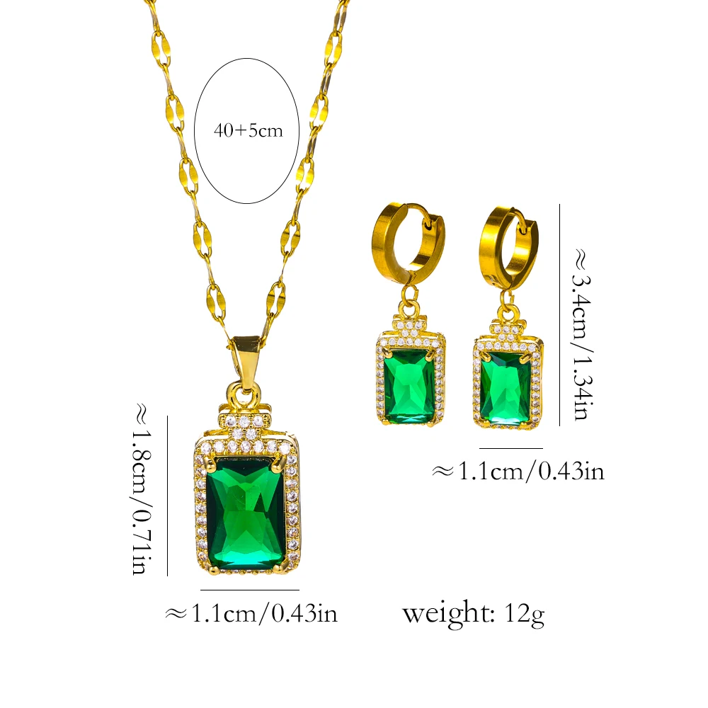 Luxury Retro Green Perfume Bottle Necklace Earrings Set For Women Trendy Stainless Steel Neck Chain Jewelry Female Accessories