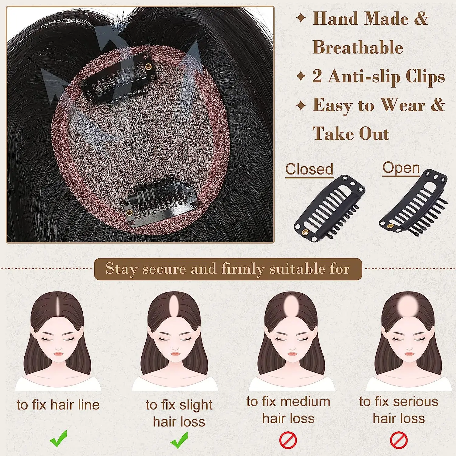 Vsr Brown Color 7X9cm Human Hair Topper Hairpieces with 2 Clips Women Toppers For Mild Hair Loss Volume