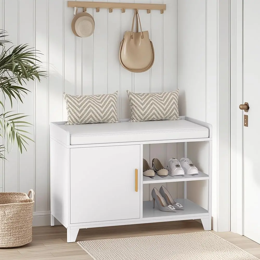 

Shoe Bench For Entryway, 2-Tier Shoe Organizer With Removable Seat Cushion For Bedroom, Hallway, Living Room, Slim, Pu White