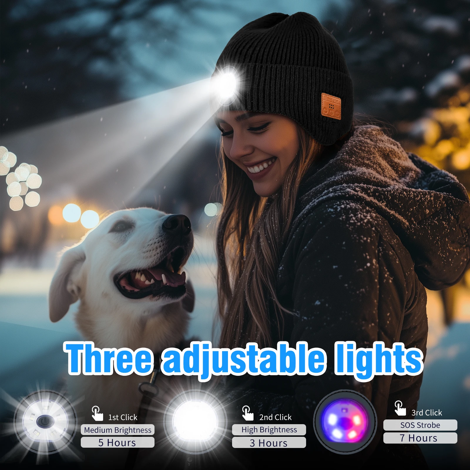 Czapka Bluetooth z oświetleniem, wbudowanym głośnikiem stereo, mikrofonem i 5 diodami LED, idealna na wędkowanie, wędrówki i do pracy, unisex.