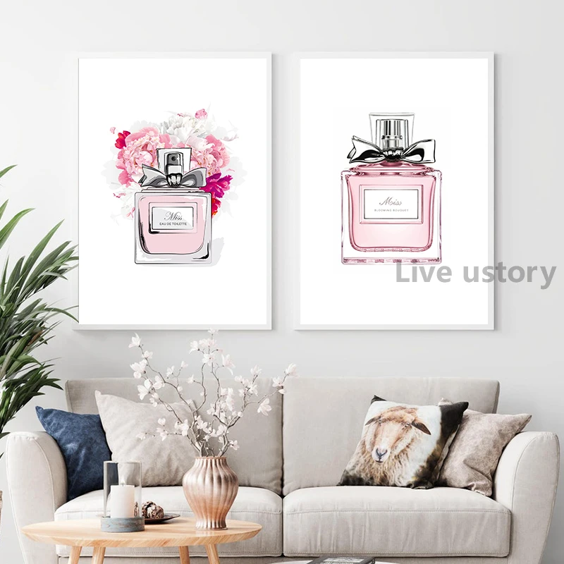 Fashion Flower Dress Prints Blush Pink Perfume Floral Bottle Posters Nordic Luxury Decor Wall Art Canvas Painting Home Decor