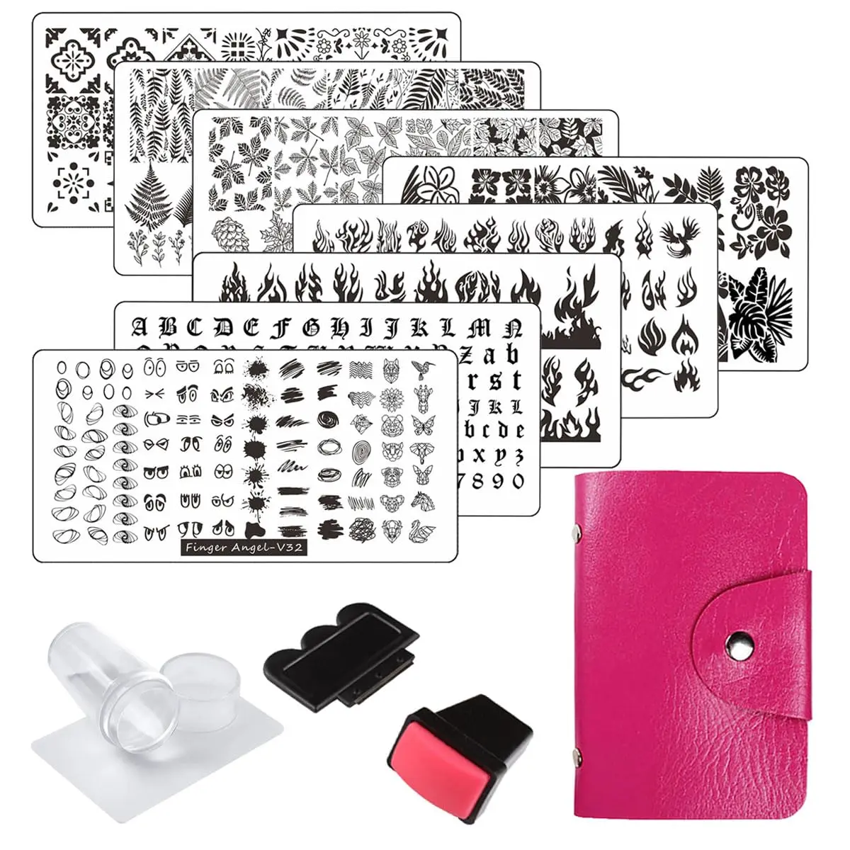 

13pcs Nail Art Stamping Plates Set with Stamper, Scraper & Bag - Leaves Flowers Animal Designs