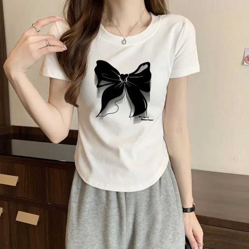 Women Summer Fashion Slim Trend Printing Appear Thin Ice Shreds O-neck Short Sleeve T-Shirt Women Clothes Casual Versatile Tops